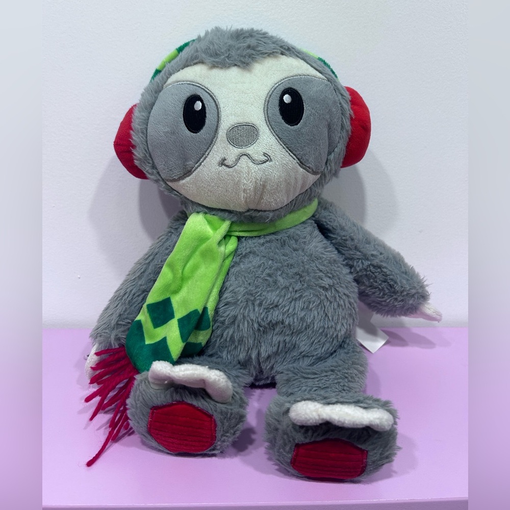 Gray and White Sloth Stuffed Animals with Scarf and Ear Muff